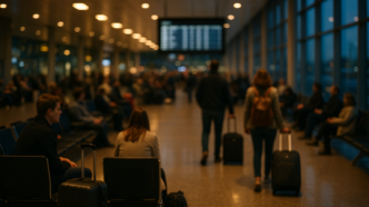 Pasażerowie z walizkami w hali odlotów czekają przy nieostrej tablicy informacyjnej