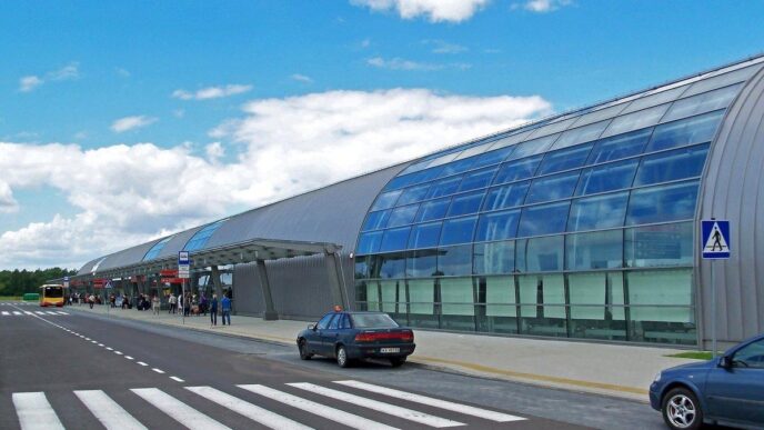 Budynek terminalu pasazerskiego Lotniska Warszawa-Modlin widziany z zewnatrz