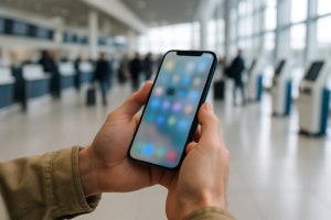 Dlonie pasazera trzymajace smartfon z aplikacja linii lotniczej w jasnej hali odlotow lotniska