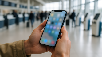 Dlonie pasazera trzymajace smartfon z aplikacja linii lotniczej w jasnej hali odlotow lotniska
