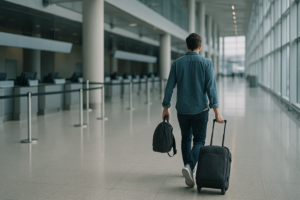 Pasażer z niewielkim plecakiem i walizką kabinową w hali odlotów na lotnisku