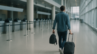 Pasażer z niewielkim plecakiem i walizką kabinową w hali odlotów na lotnisku
