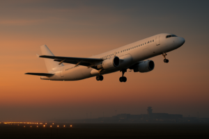 Samolot pasażerski startujący z lotniska o zmierzchu, ilustracja do artykułu o połączeniach Air Arabia z polskich lotnisk do Szardży