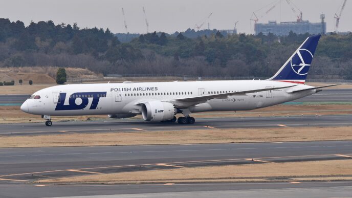 Samolot Boeing 787-9 Dreamliner w barwach LOT-u kołuje po pasie lotniska
