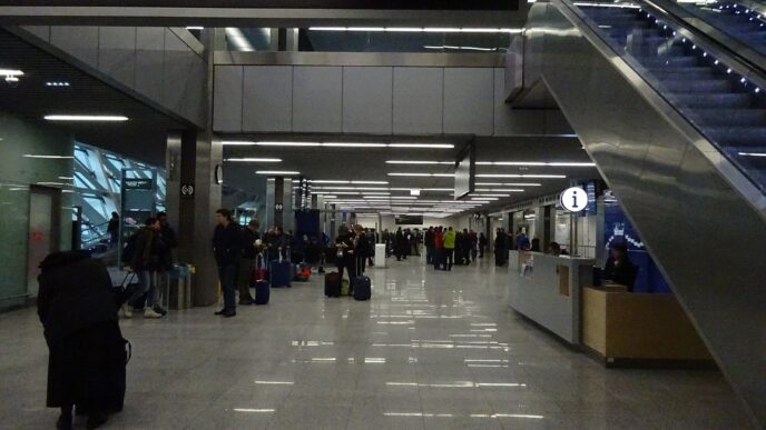 Wnętrze hali terminalu lotniska z pasażerami i bagażem