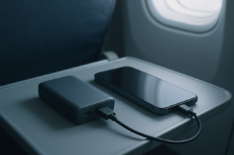 Power bank i smartfon leżące na stoliku w kabinie samolotu