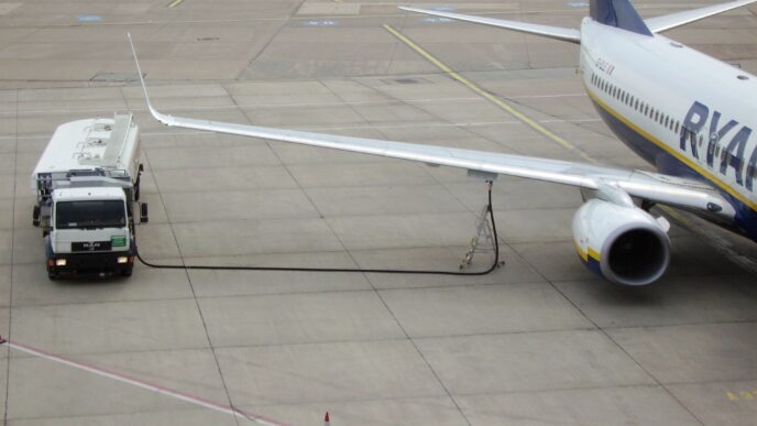 Cysterna paliwowa podłączona do skrzydła Boeinga 737 Ryanaira stojącego na płycie lotniska
