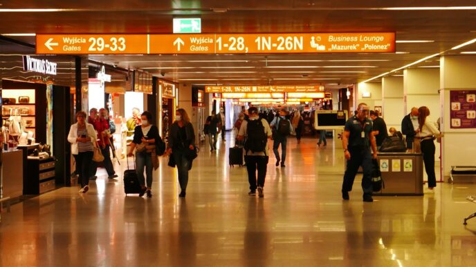 Przejście w terminalu lotniska z pasażerami i sklepami