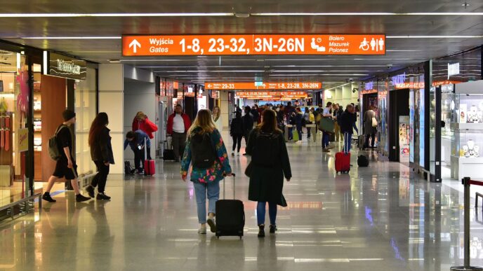Pasażerowie z bagażem w korytarzu terminalu lotniska z oznaczeniami wyjść