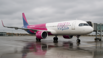 Samolot Airbus A321neo linii Wizz Air w fioletowo-różowych barwach na płycie postojowej regionalnego lotniska w pochmurny jesienny poranek.