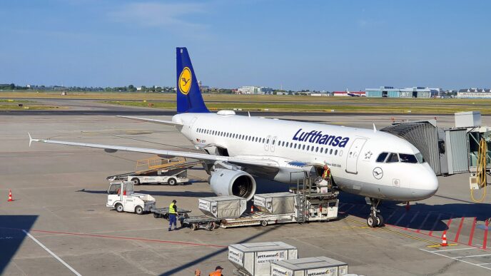 Samolot Airbus A320 w barwach Lufthansy przy rękawie pasażerskim na płycie postojowej, obok wózki z kontenerami bagażowymi i pracownicy obsługi naziemnej