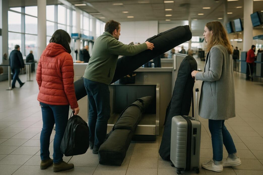 Pasażerowie w zimowych kurtkach nadają pokrowce na narty i snowboard przy stanowisku bagażu ponadgabarytowego w jasnej hali odlotów, obok srebrna walizka
