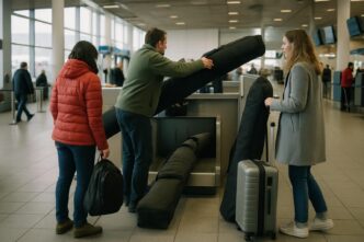 Pasażerowie w zimowych kurtkach nadają pokrowce na narty i snowboard przy stanowisku bagażu ponadgabarytowego w jasnej hali odlotów, obok srebrna walizka