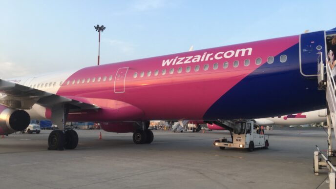 Samolot Wizz Air w różowo-fioletowych barwach stoi na płycie postojowej, obok schody pasażerskie i ciągnik lotniskowy.